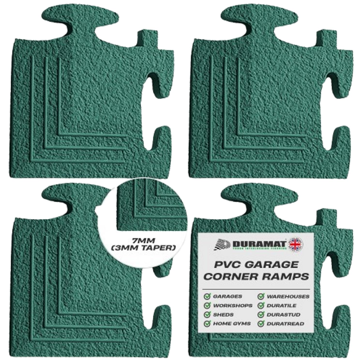 Corner Piece – Green Heavy Duty Interlocking Garage Flooring Tile | 500mm x 500mm x 7mm | PVC Floor Tile for Workshop, Home, Showroom & Automotive Use | 50cm Corner Piece - Green x4