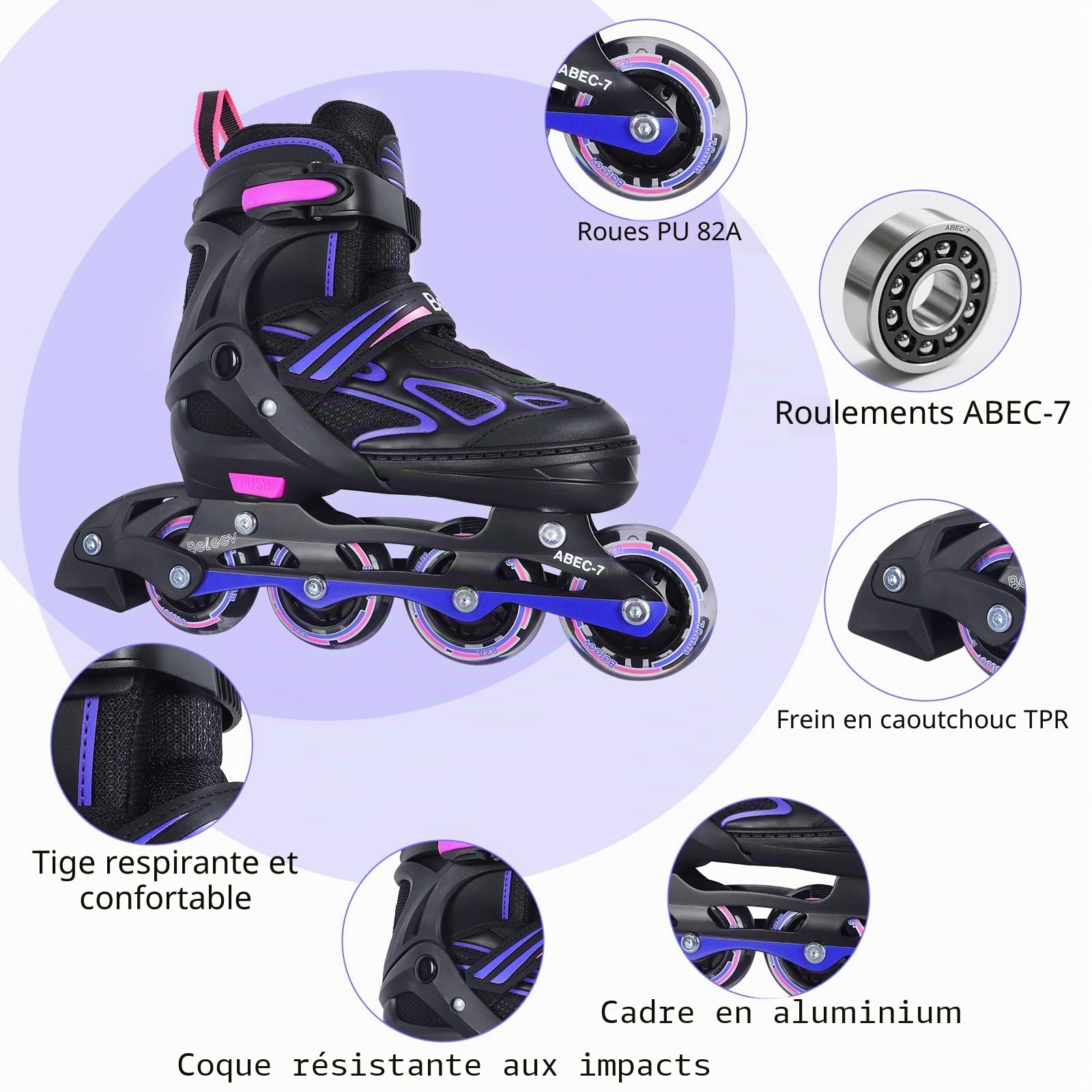 Patins à roulettes Enfant BELEEV 4 Tailles Ajustables Lacets Roues LED Lumineuses Filles Garçons