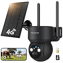 WOLFANG Telecamera Esterno 4G con SIM, Telecamera Esterno 360° PTZ, Visione Notturna a Colori, Rilevazione di Movimento PIR con Allarme, IP66, Audio a 2