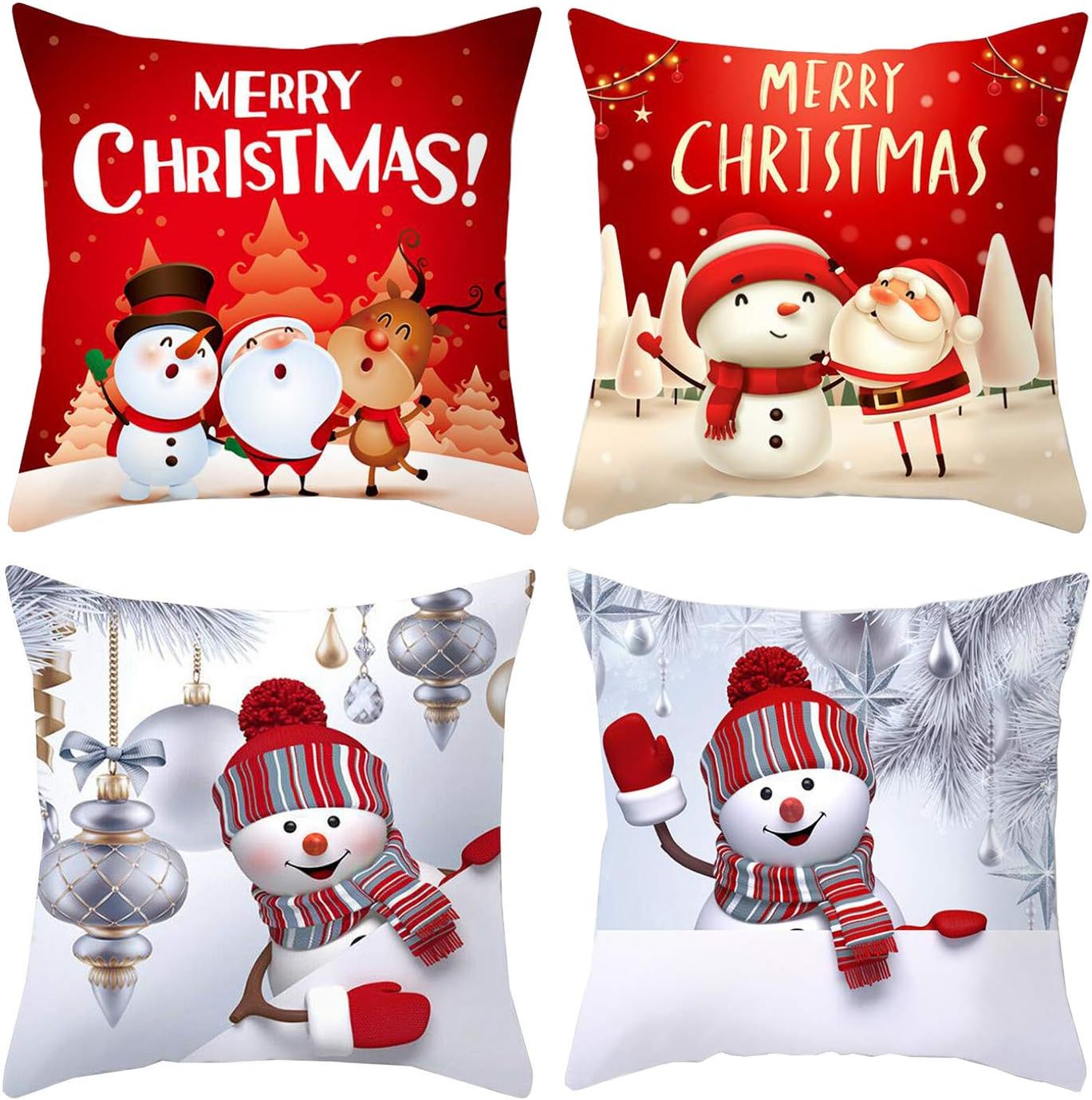 Ksmiley Christmas Throw Pillows Covers 18x18 inch Set of 4 Winter Snowman Santa Claus Farmhouse Holiday Rustic Linen Christmas Decorative Pillowcase Cushion Covers for Sofa Couch Bed (Red & White)