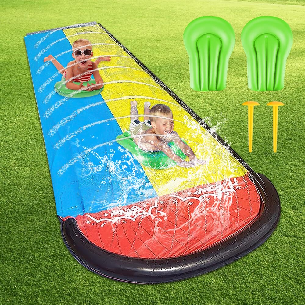 TGKYK Water Slide Mat - 15.7ft/480cm With 2 Bodyboards and Sprinkler, Double Lane for Kids Adults Outdoor Play Activities
