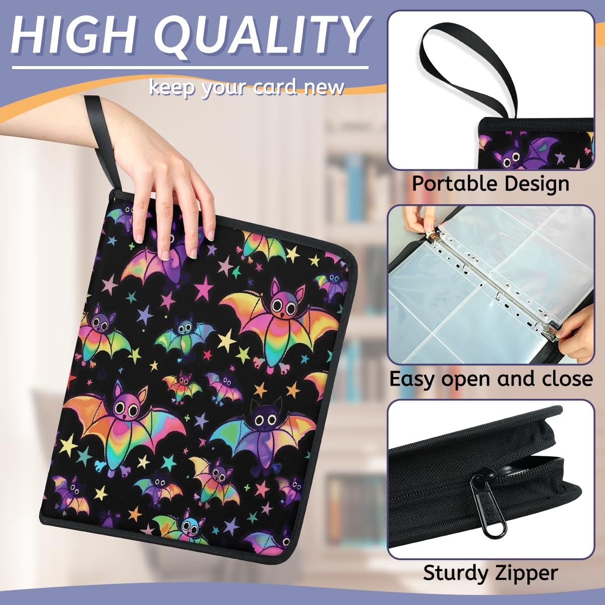 Raccoglitore per carte collezionabili con 4 tasche, colorato, per Halloween, con maniche rimovibili, impermeabile, con cerniera, 50 pagine, capacità 400 carte