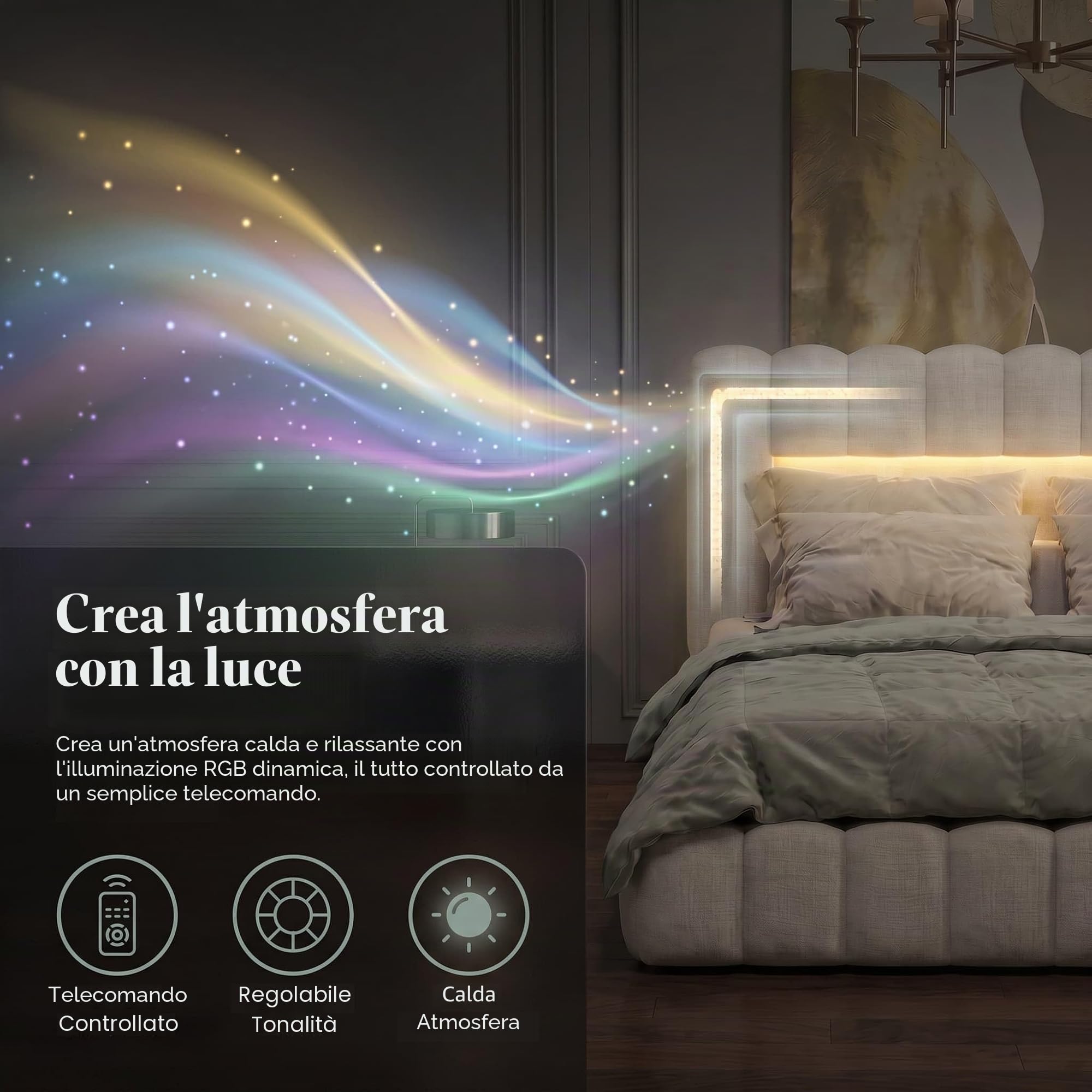 Letto matrimoniale imbottito, a bolle 180 x 200 cm, con contenitore letto