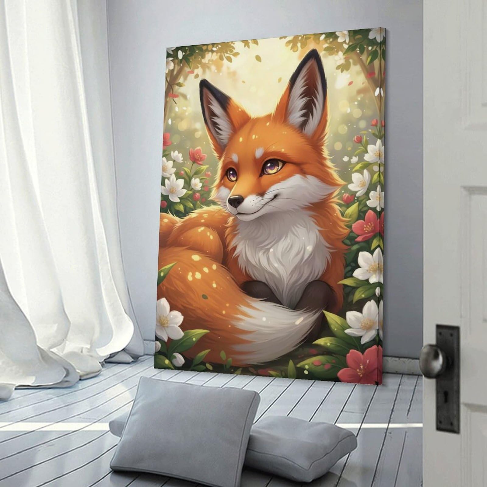 Junmoney Wall Art Print Fox in A Floral Meadow, 20x30inch(50x75cm), for Contemporary Homes, Apartments Or Offices, An Easy Choice for New Home Styling