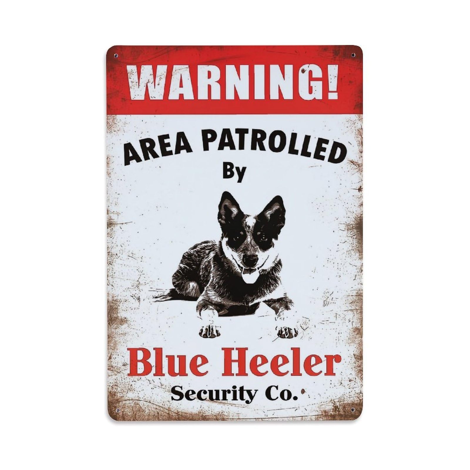 Jdfenggu Vintage Warning Area Patrolled By Blue Heeler Security Co Retro Metal Tin Sign, Decor Art Poster For Bar, Home, Man Cave, Kitchen, Laundry Room Gift 8X12inch