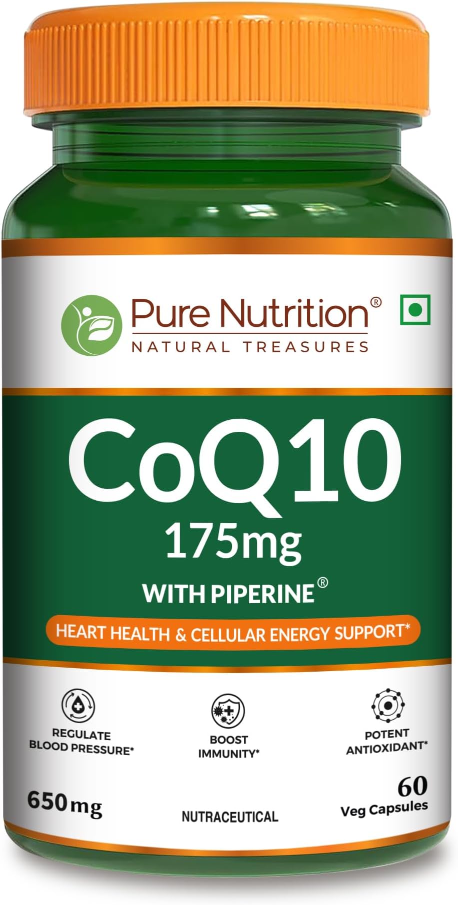 Pure Nutrition Bio Coenzyme Q10 175mg 60 Veg Capsules, High Absorption CoQ10 Supplement with Bioperine® & Arjuna Extract for Heart & Brain Health, Boosts Cellular Energy