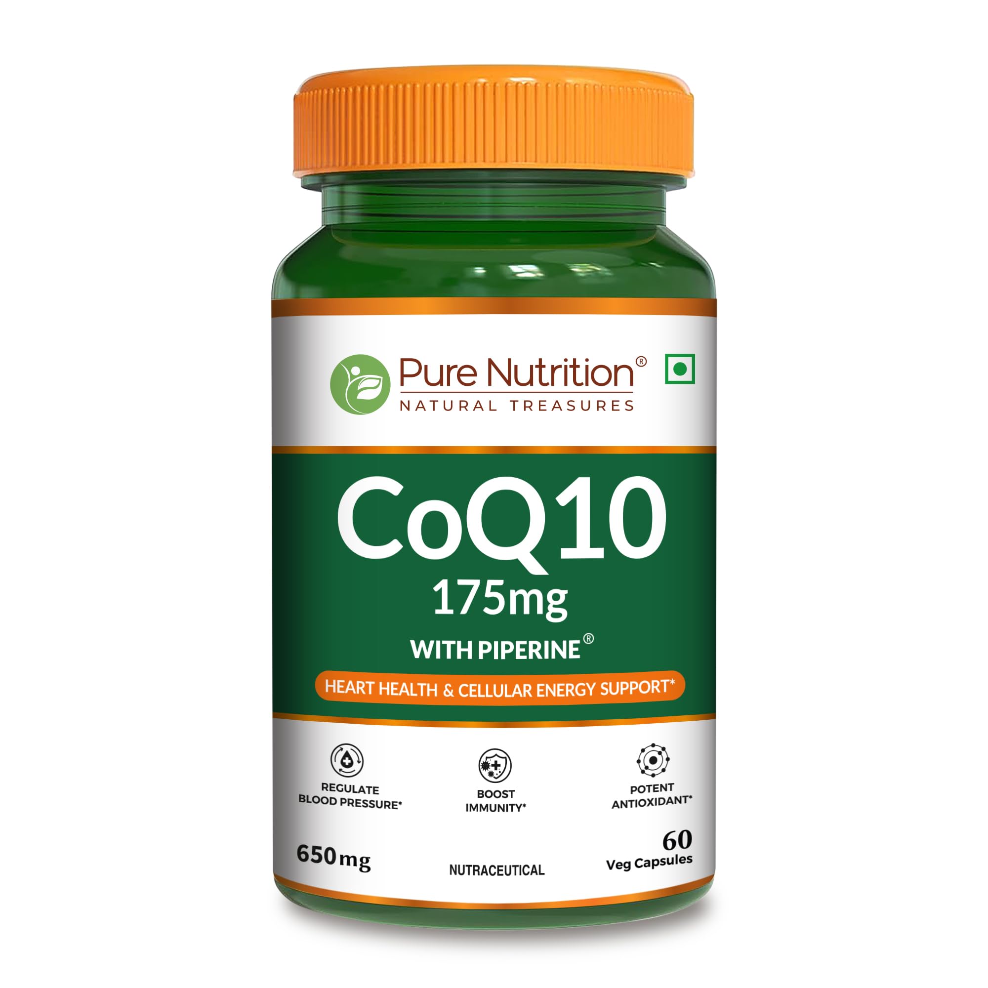 Pure Nutrition Bio Coenzyme Q10 175mg 60 Veg Capsules, High Absorption CoQ10 Supplement with Bioperine® & Arjuna Extract for Heart & Brain Health, Boosts Cellular Energy