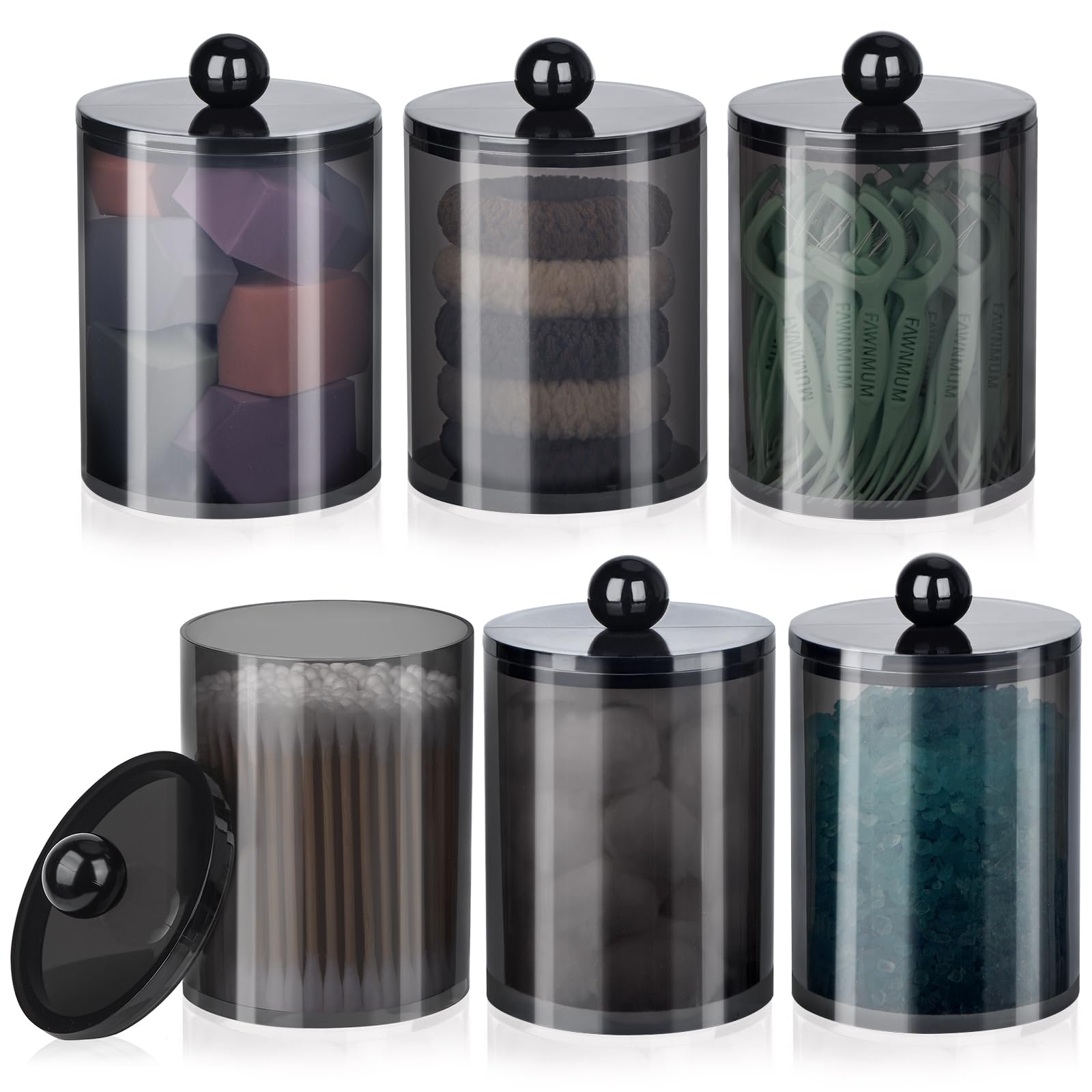 6 Pcs Acrylic Qtip Holder, Cotton Ball Holder Jars with Lids, Black