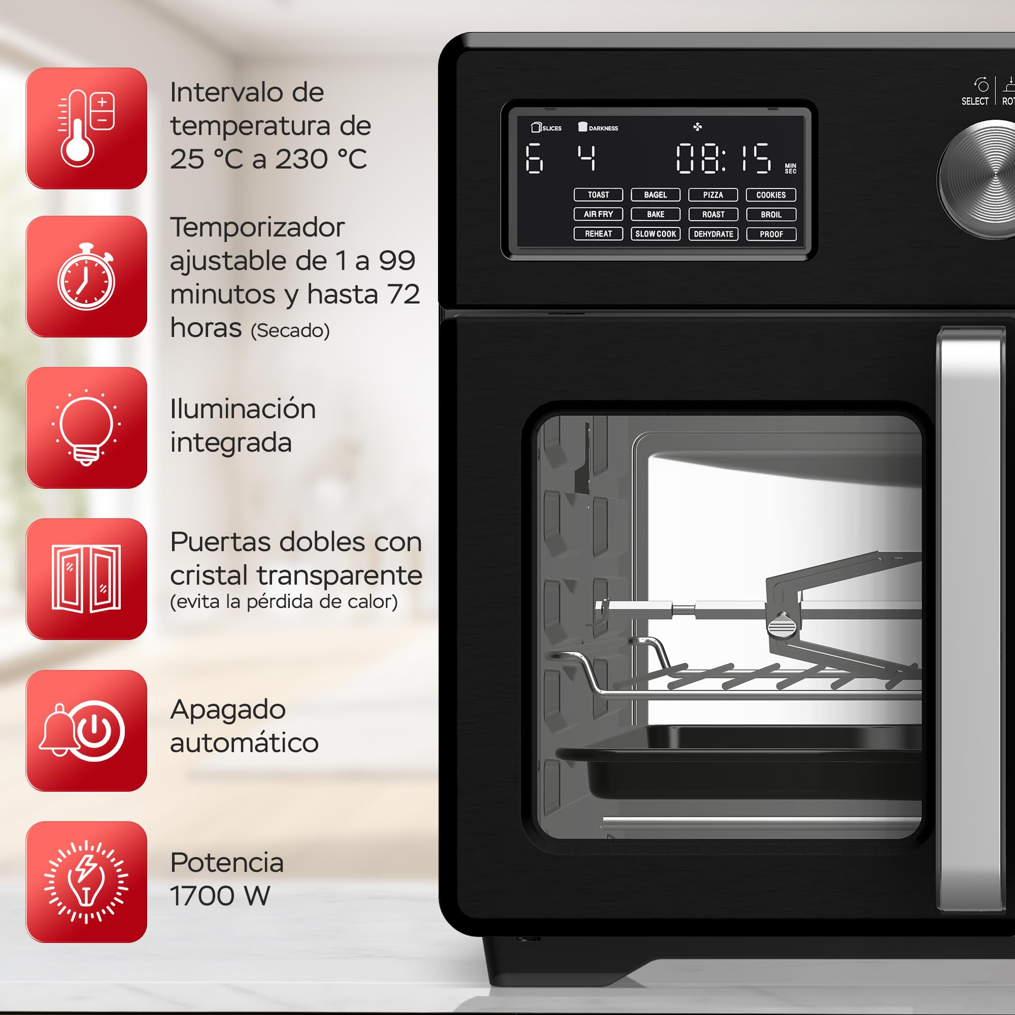 TurboTronic Mini Backofen - 4in1 Heißluftofen und Heißluftfritteuse XXL Version 32L inkl. Drehspieß & viel Zubehör, Dörrgerät ab 25°C & Grill, Airfryer, kleine Mini Tisch Back Pizzaofen (schwarz)