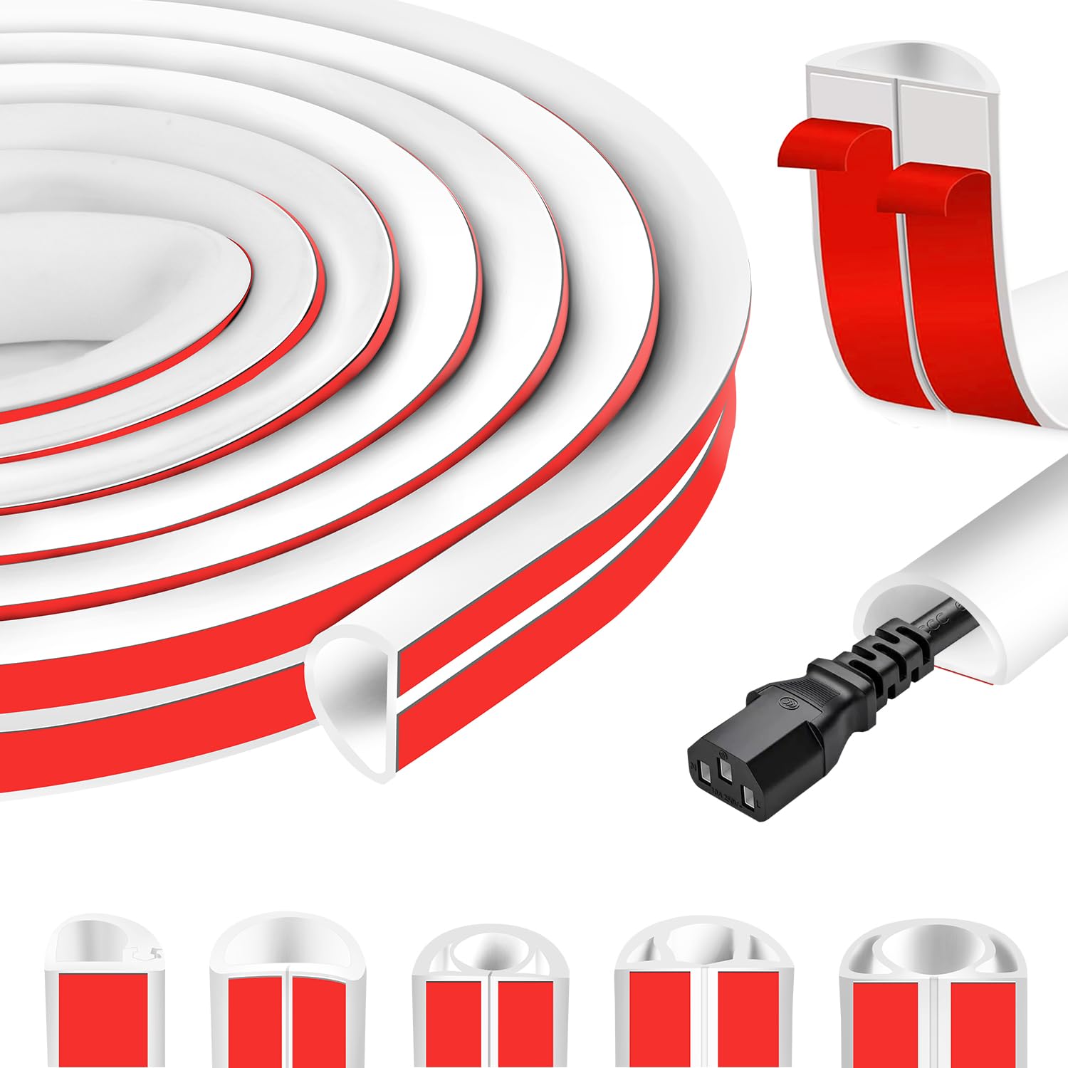 Canalina per cavi bianca, autoadesiva, da parete, per pavimento, diametro 15 mm x 2 m, piccola copertura per cavi semicircolare, per pavimento in PVC, flessibile, piatto per protezione canali