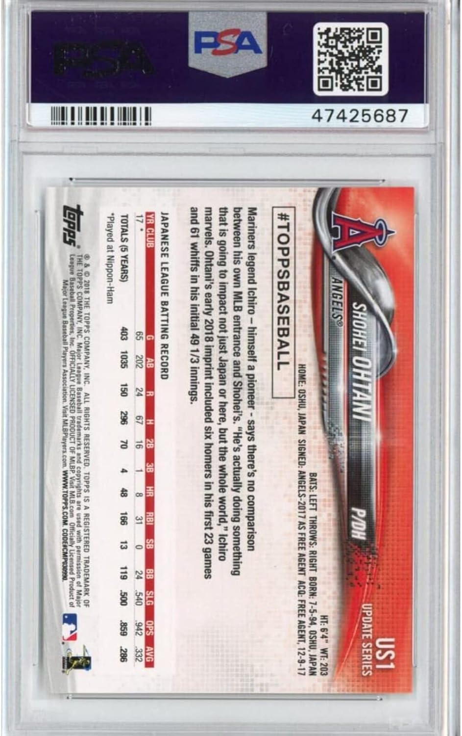 Graded 2018 Topps Update Shohei Ohtani #US1 Rookie RC Baseball Card PSA 10 Gem Mint