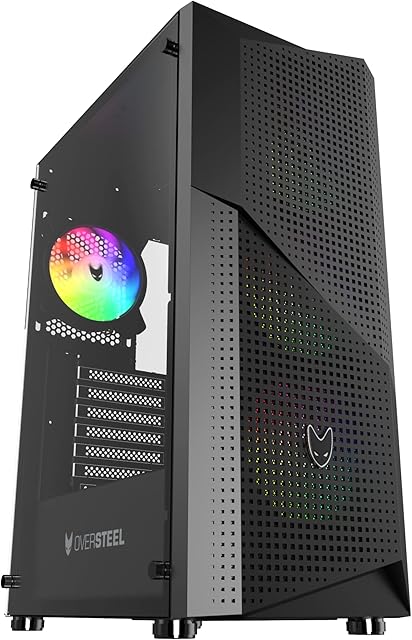 Oversteel Kyanite - Gaming PC Case Compatible with ATX, Micro ATX and ITX Boards, 4 120mm A-RGB Fans Included, Mesh Front Panel, Dust Filter, Tempered Side Glass, USB 3.0, Black Colour
