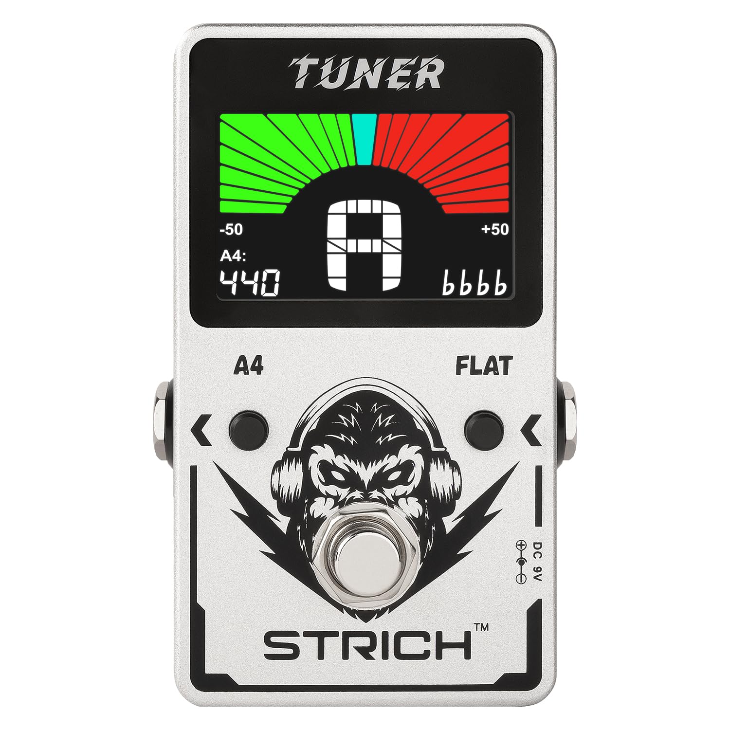 STRICH Pédale d'accordeur compacte argentée avec grand affichage couleur, accordage chromatique de précision, 430-450 Hz A4, True Bypass pour guitare électrique et basse