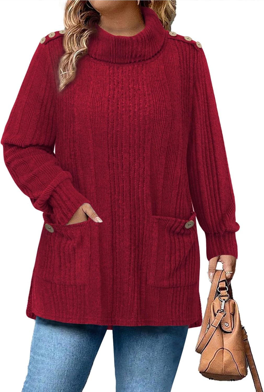 Siddhe Plus Size Turtleneck Tops for Women High Neck Long Sleeve Tunic with Pockets Fall Winter Sweater XL-5XL