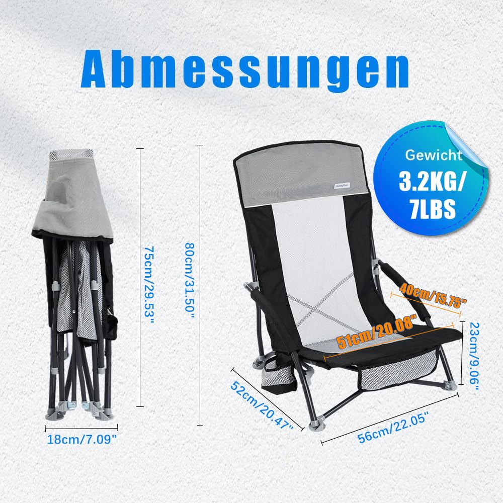 SUNNYFEEL Strandstuhl Klappbar Leicht,Campingstuhl mit Hochlehner,1 Stück