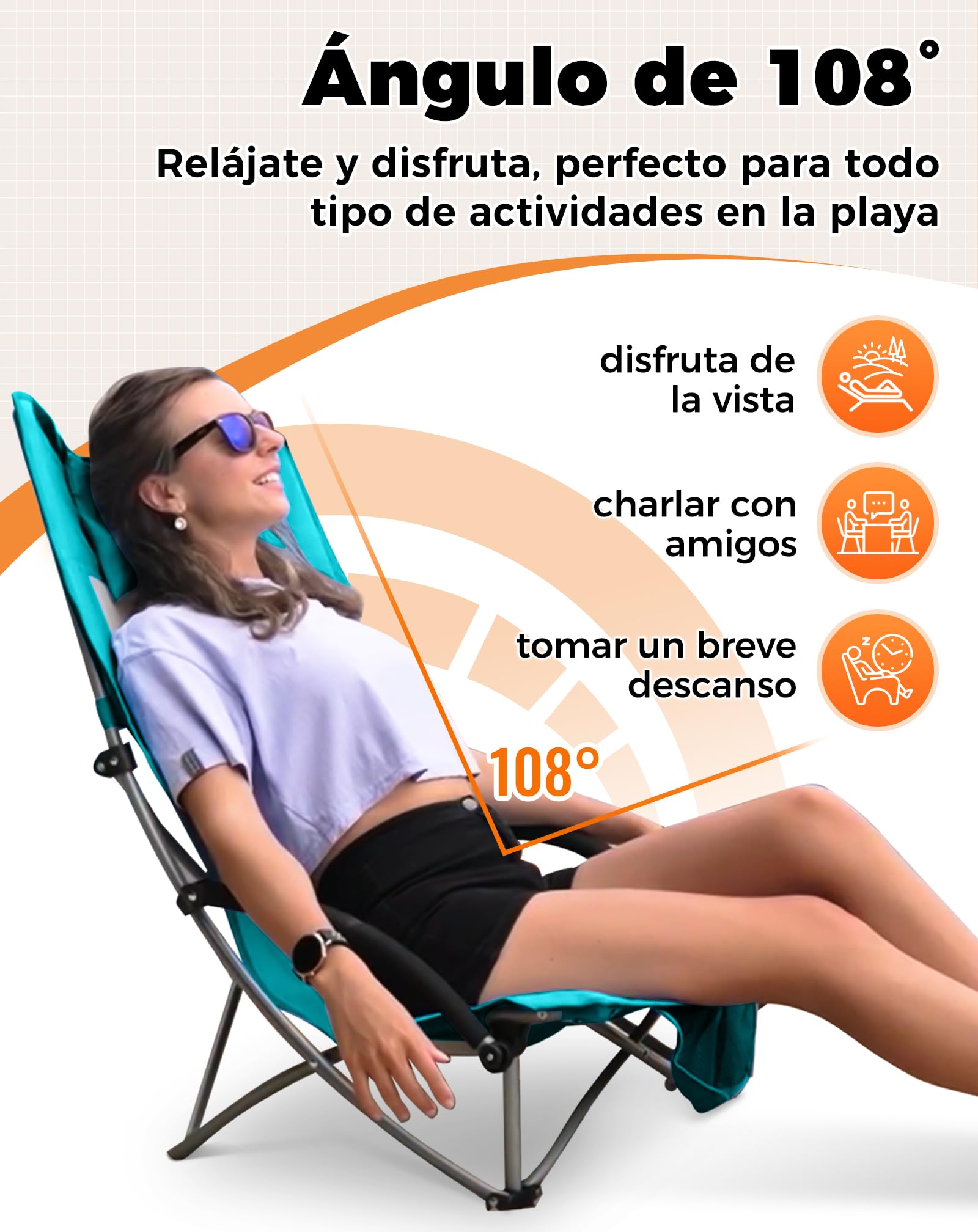 KingCamp Silla de Playa Baja Plegable Ligera Capacidad 180kg Silla Picnic Estabilidad Doble Tubo Silla Portátil para Conciertos Asiento Ancho y Bolsillo Cian