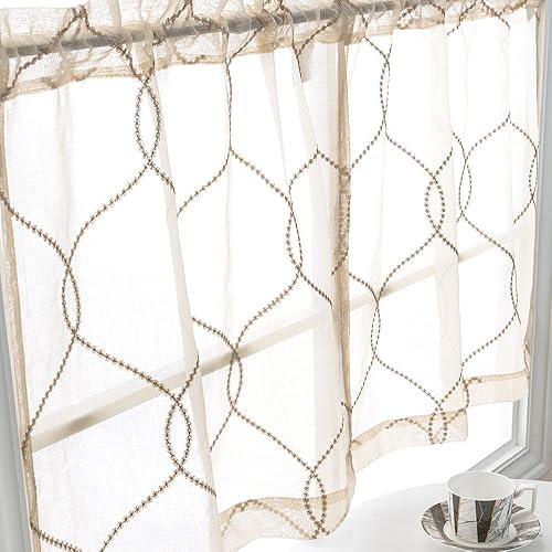 Miniatura 6 de Cortinas traslúcidas bordadas de 45 pulgadas para cocina, semitransparentes, patrón de enrejado marroquí, cortinas blancas para baño, cortinas