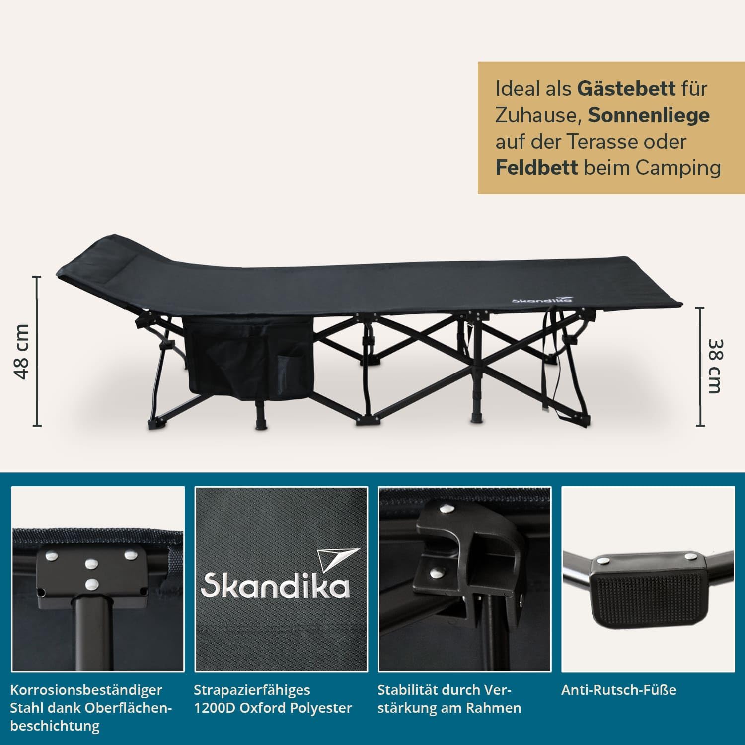Skandika Erola Lit de Camp | Lit Pliant Confortable, Stable, Max. 150 kg, Grande Surface de Couchage 190 x 68 cm, Pliable, Poche latérale | Lit de Camp pour Le Camping, la Tente