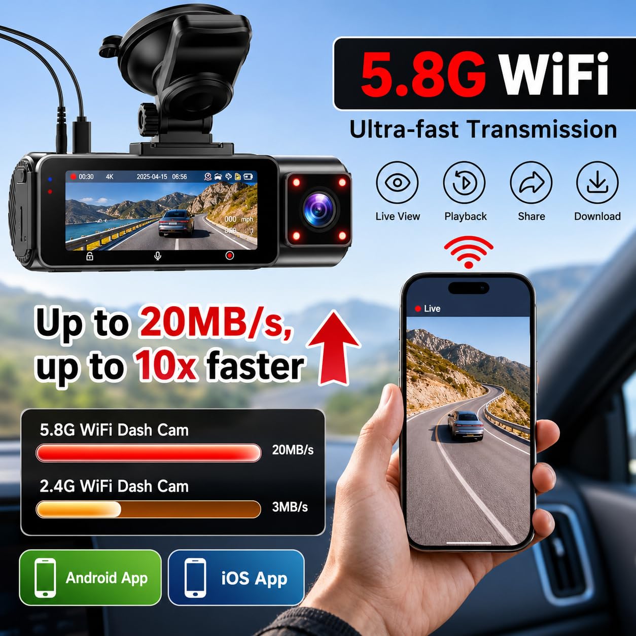 4K 3-kanałowa kamera na deskę rozdzielczą do samochodu, GPS, Wi-Fi, widoczność w nocy, z przodu, wewnątrz, z tyłu