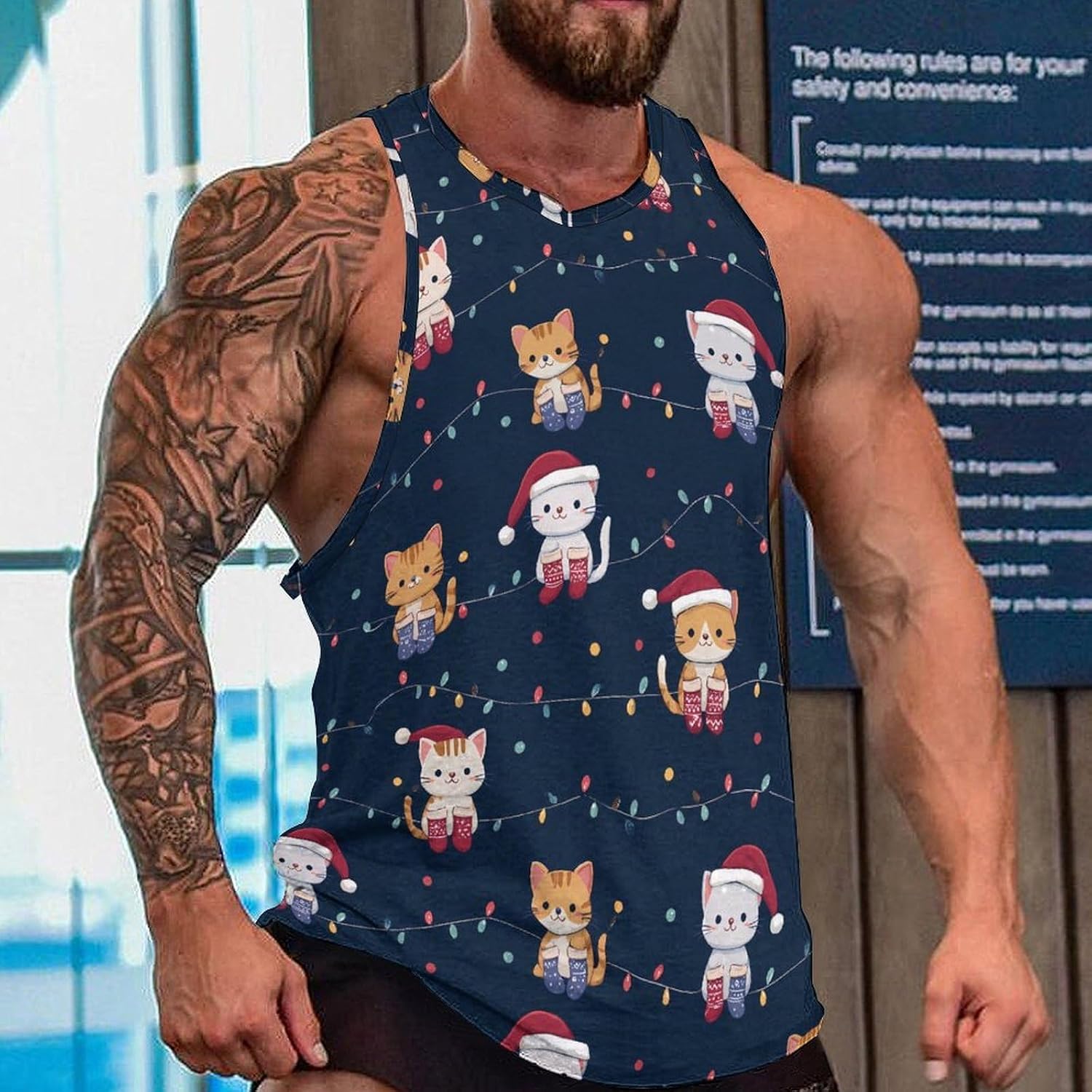 Christmas Cats Men Tank Top Workout Shirt Muscle T Shirt 5XL