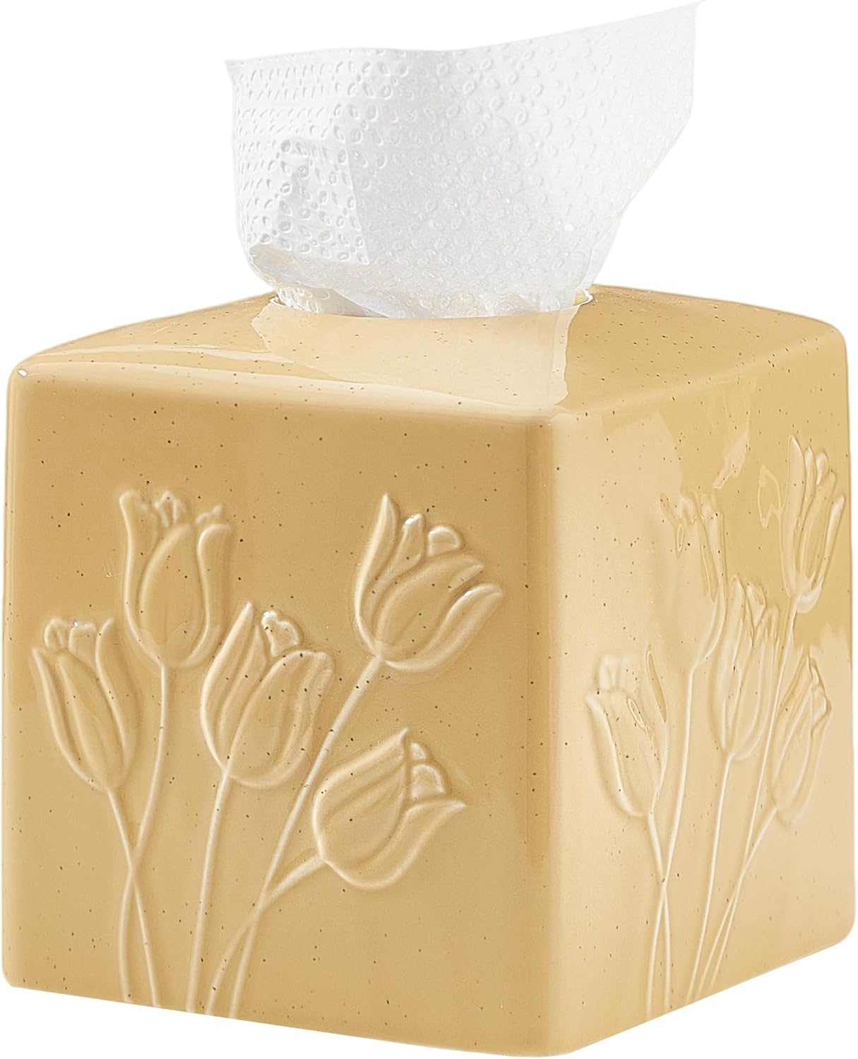 Beige Ceramic Tulips Tissue Box Cover - Modern Square Decorative Organizer for Facial Tissues, Farmhouse Style Home Decor for Bathroom, Bedroom, Living Room & Office