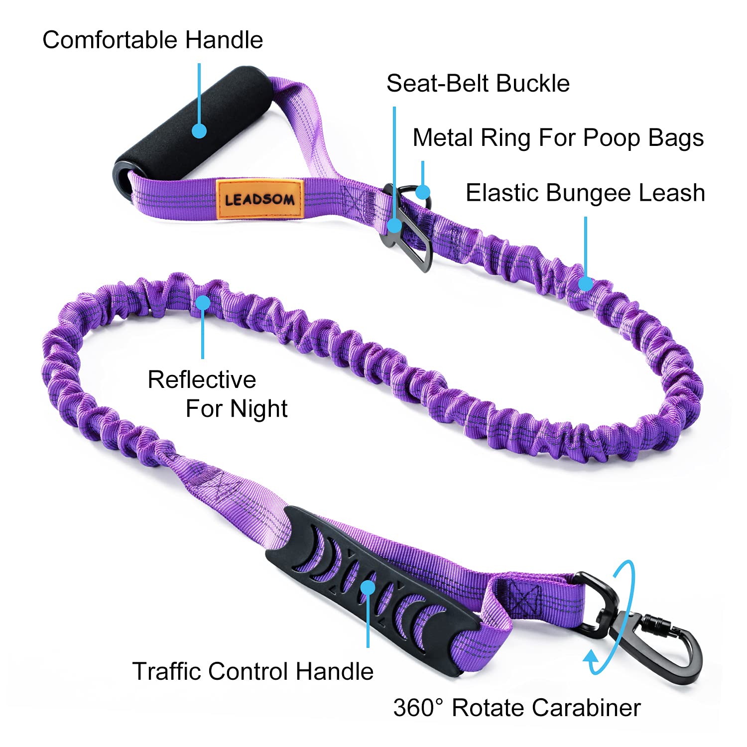 LEADSOM 6FT Highly Reflective Heavy Duty Elastic Bungee Medium and Large Dog Leash Shock Absorbing with Comfortable Padded Handle and Traffic Handle Suitable for Training