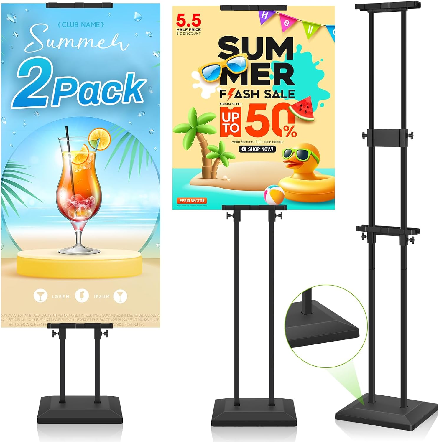 2 Pack Heavy Duty Poster Stand for Display, Sign Board Holder Banner Floor Stand 0.8in Thick Strong Base Black Pedestal Adjustable Height Up to 75in for Wedding, Restaurant, Business Strong Base Stand 2Pack