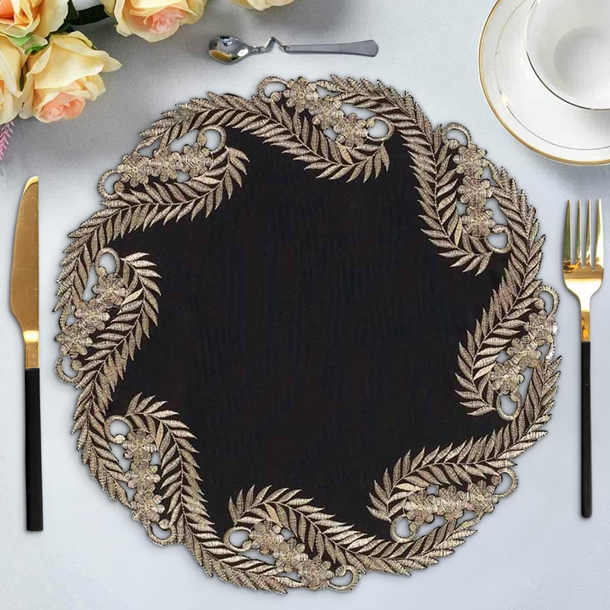 Decozen Set of 8 Doilies for Table, Lace Doilies - Rustic, Crochet, Farmhouse, Kitchen, Dining Table Centerpiece Decor - Round Christmas Placemats for Home 15 inch Gold Black, The Anyce Collection