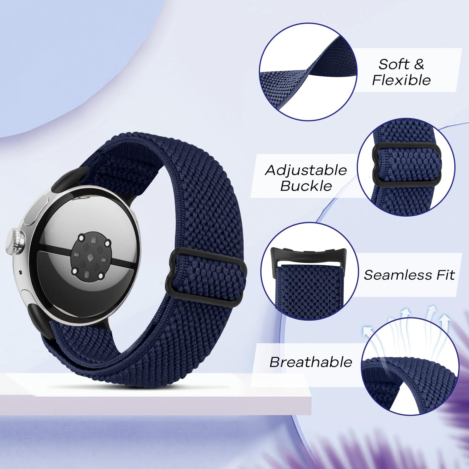 Elastic Watch Straps Compatible with Google Pixel Watch 4/3 41mm/Pixel Watch 2/1 Bands for Women Men, Adjustable Stretchy Sport Nylon Bands Replacement Wristbands 3 Pack — view 2