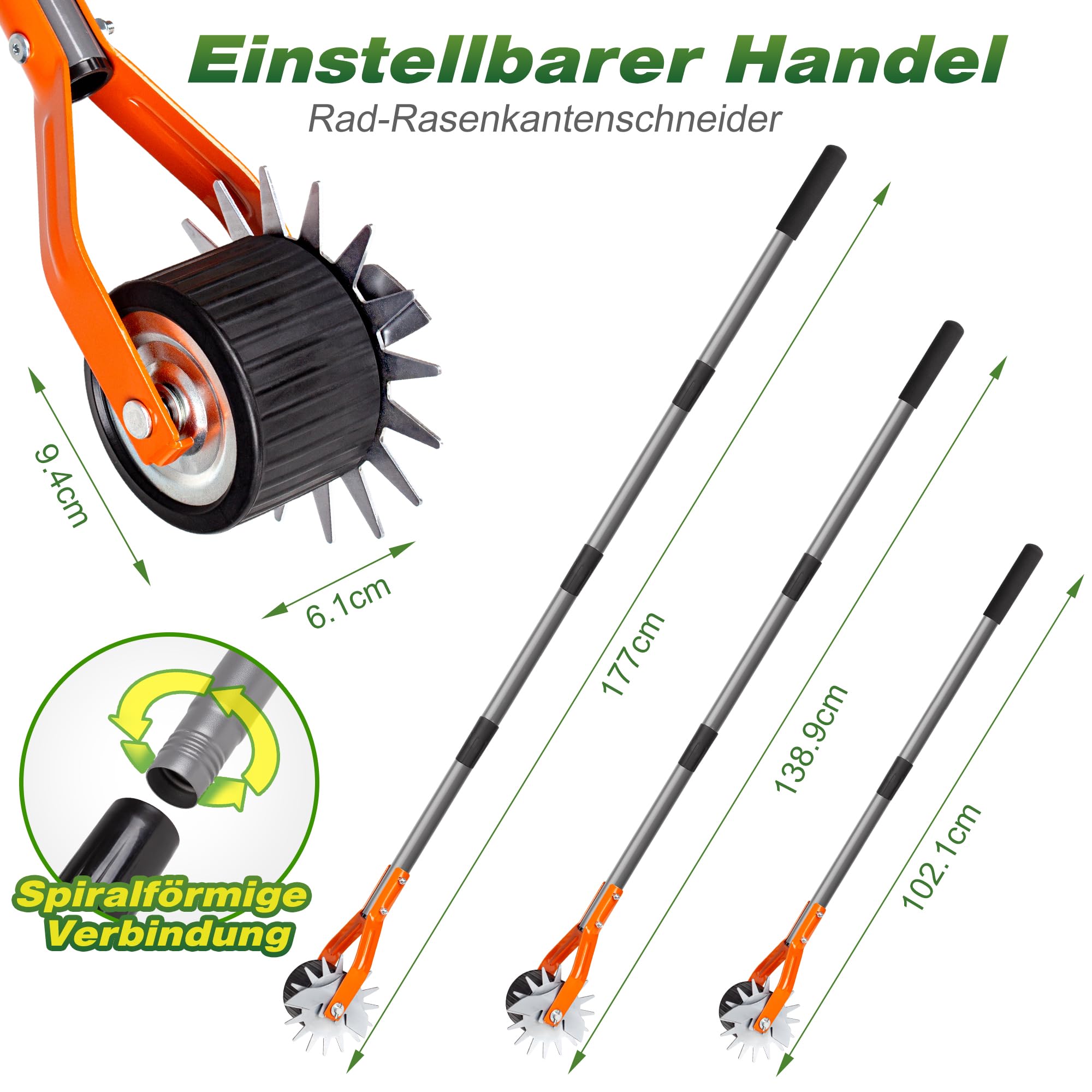 Walensee Rad-Rotationskantenstecher, 177 cm Hand-Rasenkantenstecher mit verstellbarem Edelstahlgriff, Gras- und Unkrautkantenstecher mit gepolstertem Griff für Garten, Gehwege und Einfahrten