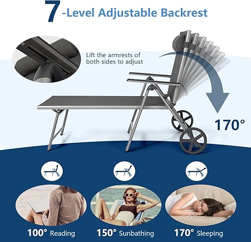 Miniatura 5 de Giantex Chaise Lounge - Silla de exterior plegable para patio con ruedas, 7 niveles ajustables, marco de aluminio resistente, almohada para