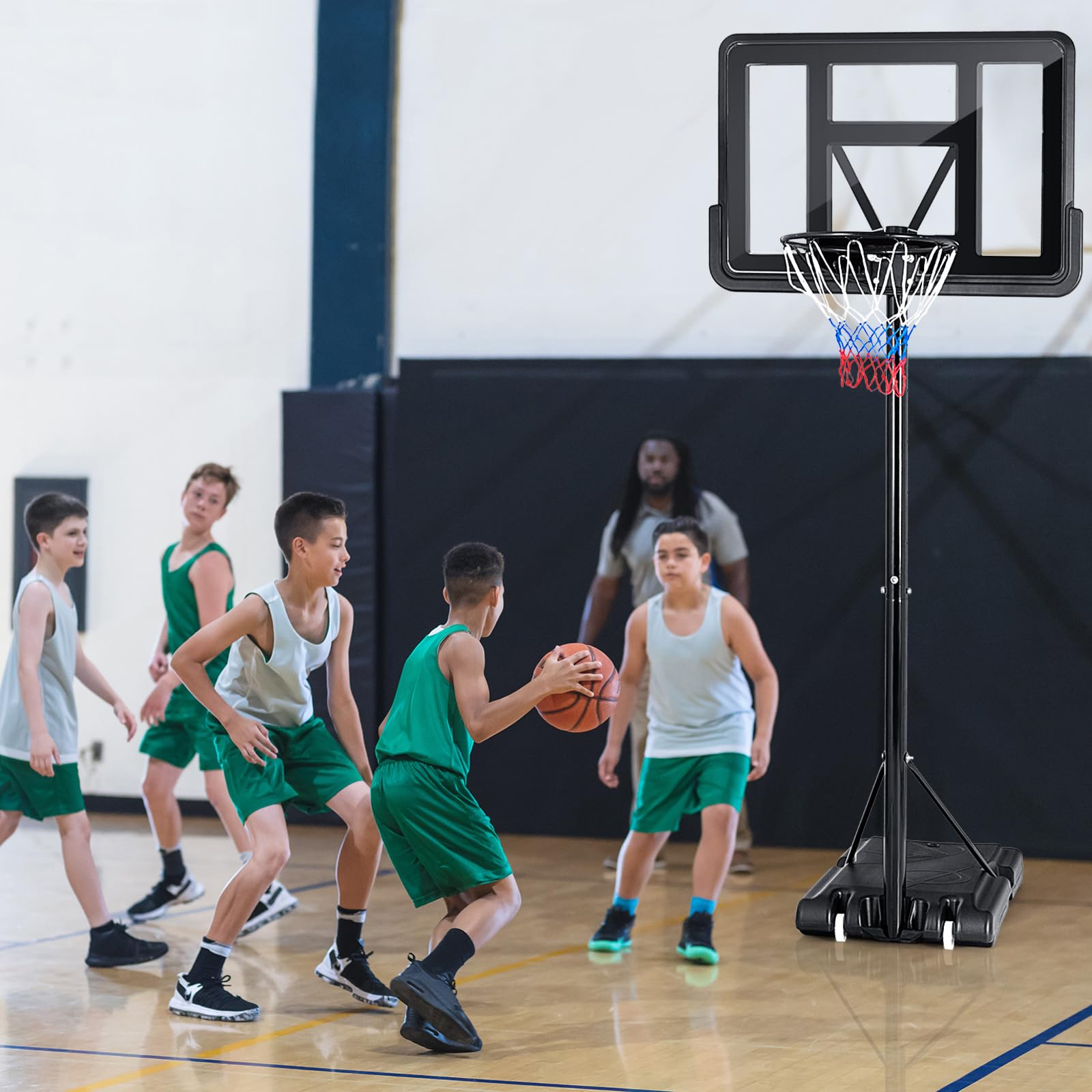 GYMAX Panier Basket Extérieur pour Enfants Adultes, Hauteur Réglable 130-305CM, Mobile Portable avec Roues, Base Stable Remplissable, Panneau Anti-bris