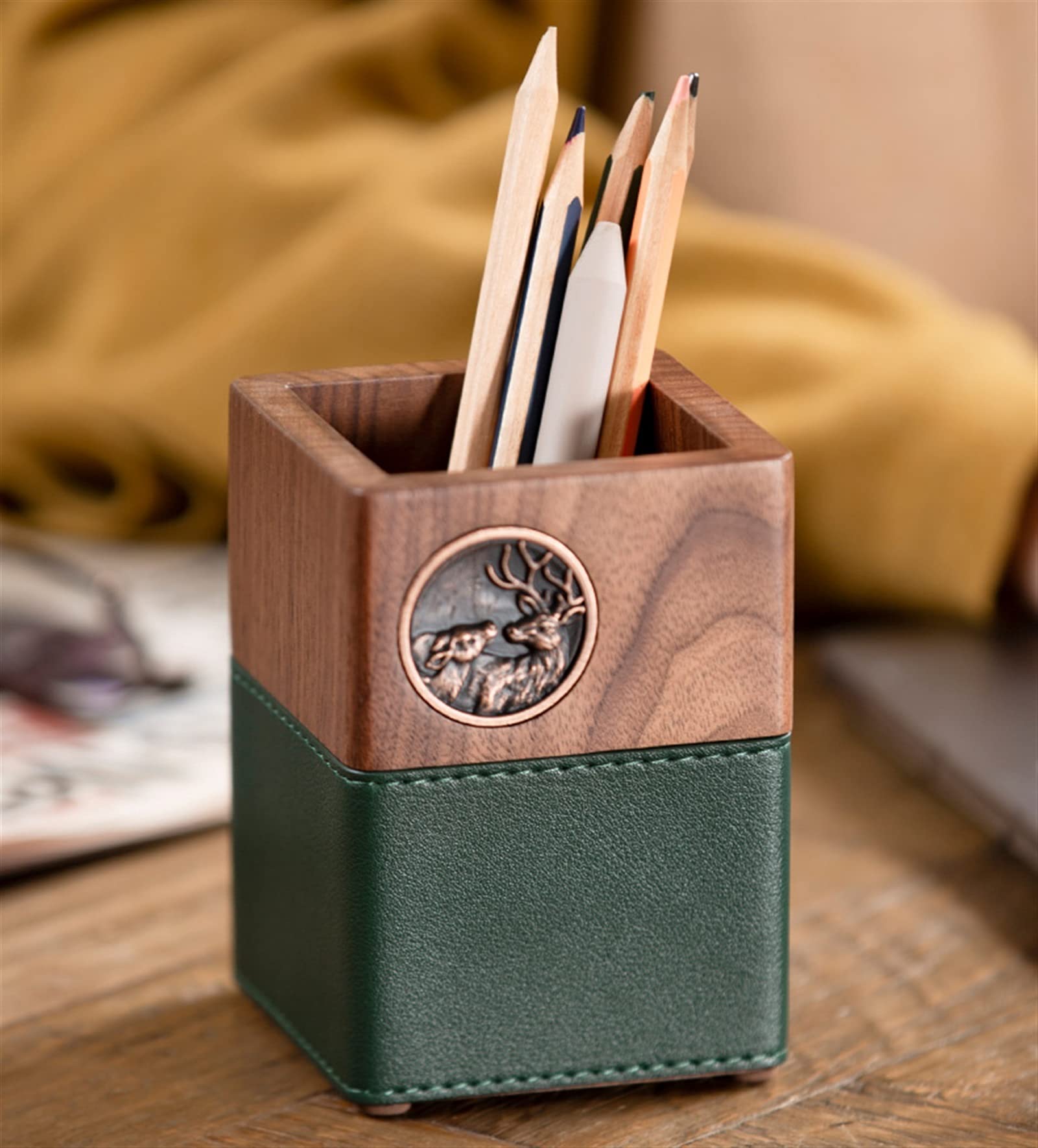 Stifthalter für den Schreibtisch, Stiftehalter aus schwarzem Walnussholz, PU-Leder, 7,9 x, 10, cm, Schreibwaren-Organizer