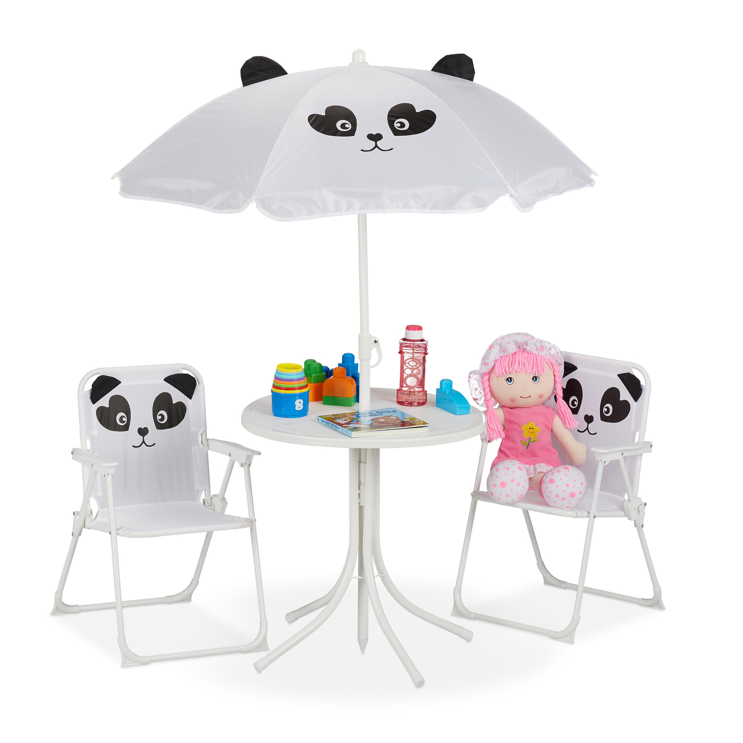 Relaxdays, Biały zestaw mebli kempingowych dla dzieci z parasolem, składanymi krzesłami i stołem, zestaw ogrodowy dla dzieci, panda, 10028889_1094