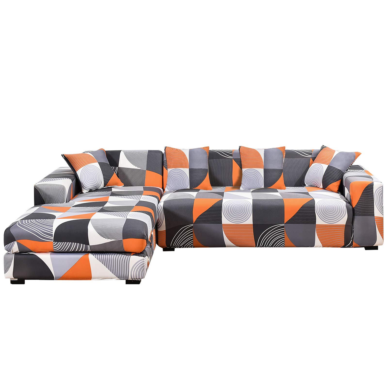 ShowyLive Juego de 2 Fundas Sofas 3 Plazas Ajustables Funda Cubre Sofá Chaise Longue Elásticas para Forma L Extraíbles Lavables (3 Plazas+3 Plazas, Naranja)