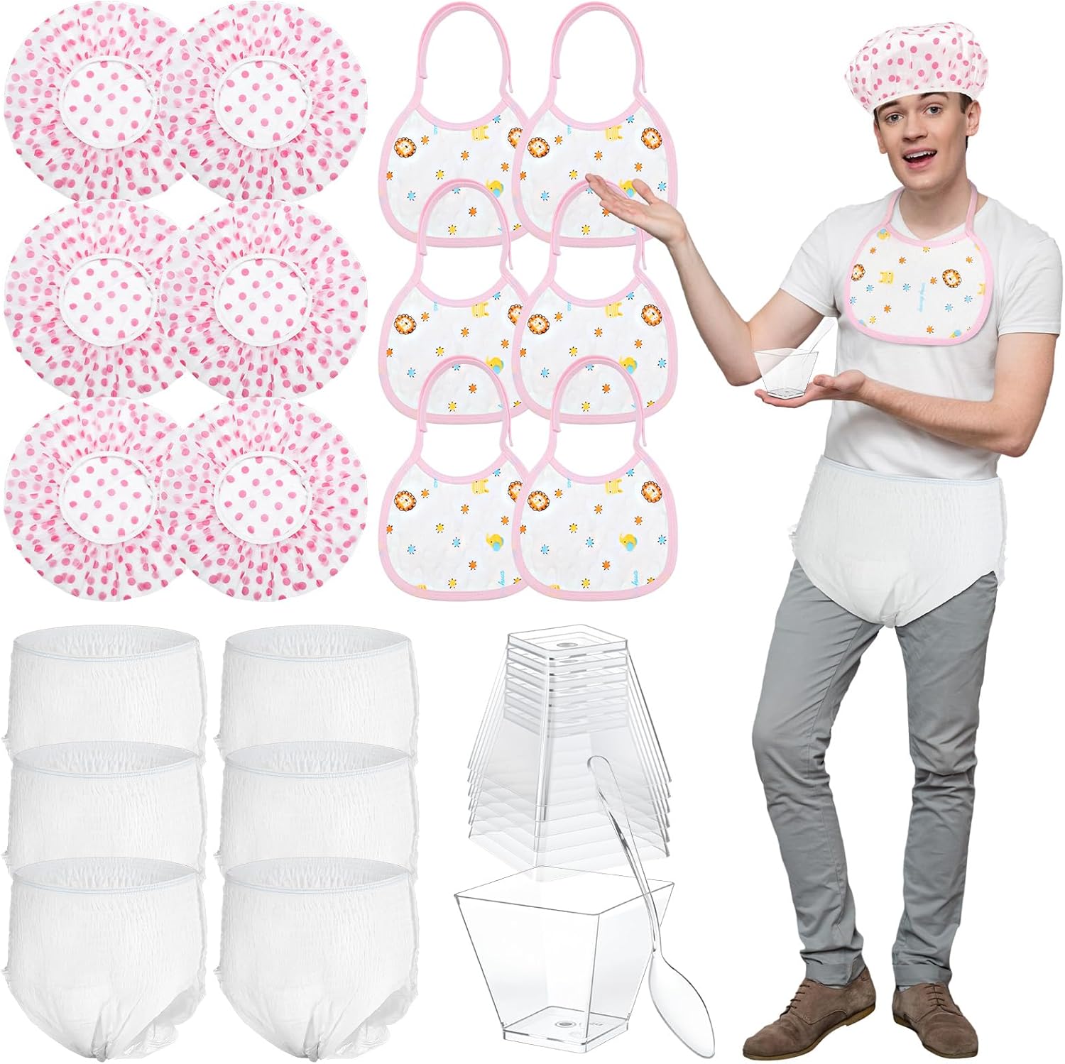 Chicingyou 6 Sets Adult Baby Shower Games Bulk Include Disposable Diapers Shower Caps Bibs and Plastic Cup Spoon for Baby Changing Diaper Race Gender Reveal Game Decoration(Blue,Serene)