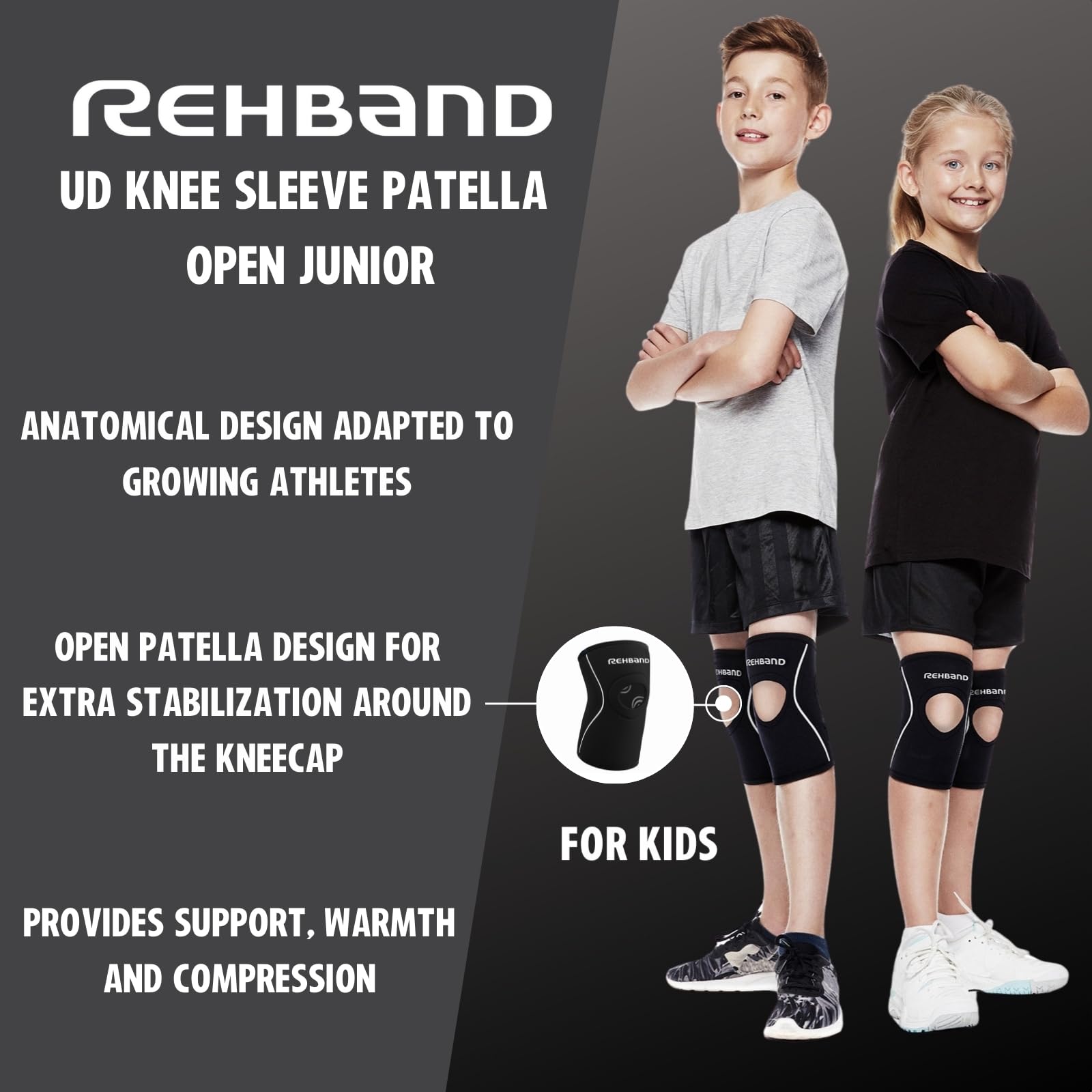 Rehband Rodillera Infantil con Abertura Patelar, Rodillera Estabilizadora de Neopreno para Alta Estabilización de la Rótula para Niñas y Niños, Neopreno de 5 mm, Color:Negro - 1 Par, Talla:L