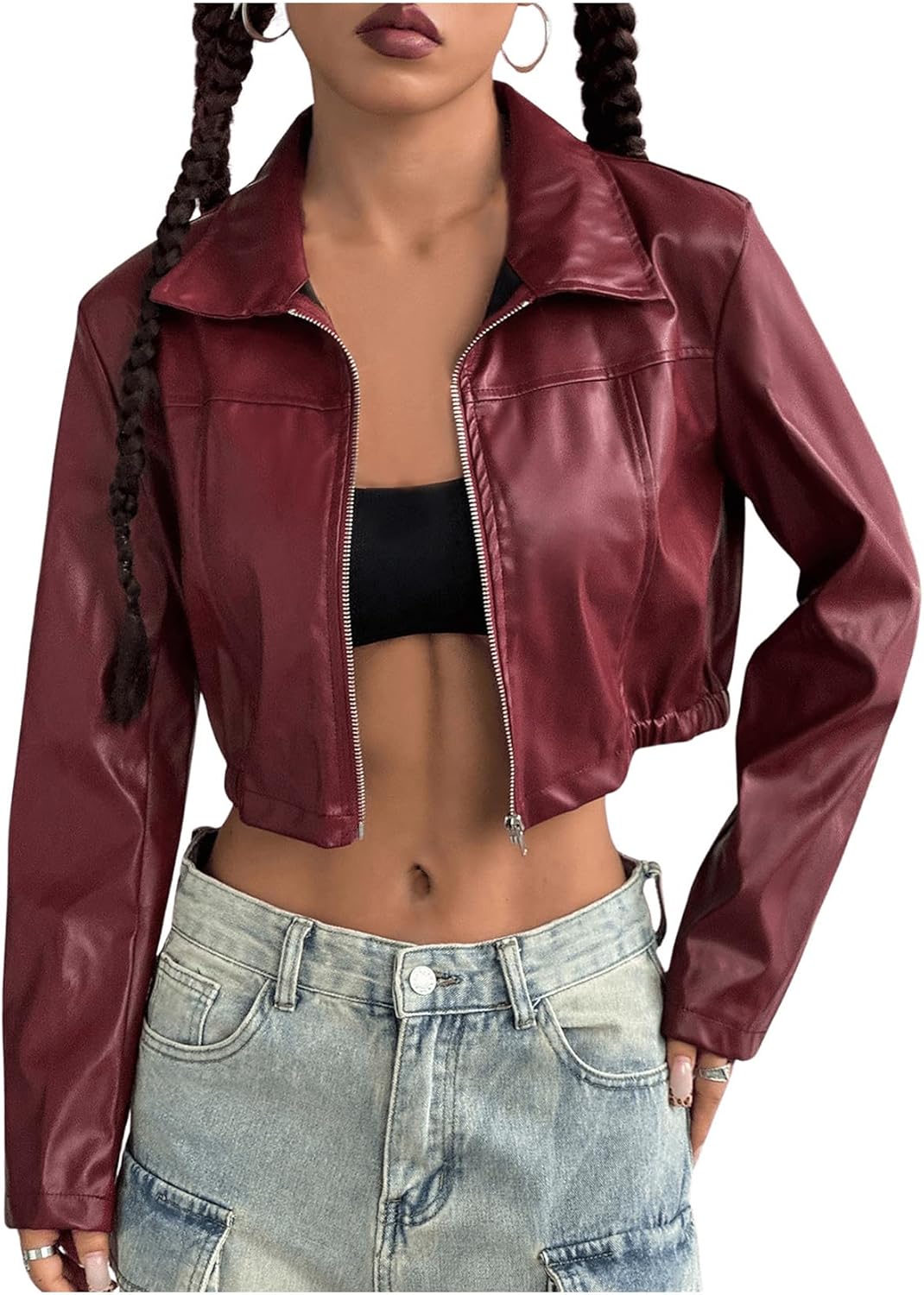 Verdusa Women's Motorcycle Leather Race Car Jacket Cropped Streetwear Lightweight Long Sleeve Outerwear - Image 4