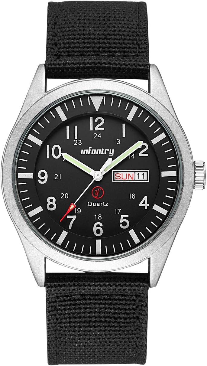 Infantry Military Watches for Men, Mens Field Wrist Watch for Tactical Outdoor Sport, Army Work Analogue Wristwatch, Date Day Display, 50M Waterproof, Black Nylon Strap
