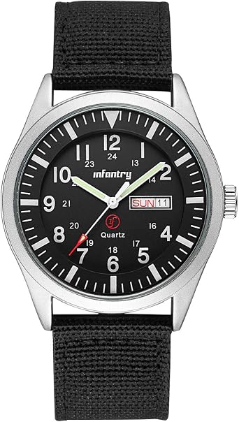 Infantry Mens Military Analog Watch Field Tactical Sport Wrist Watches for Men Black Nylon Strap Day Date Silver Case