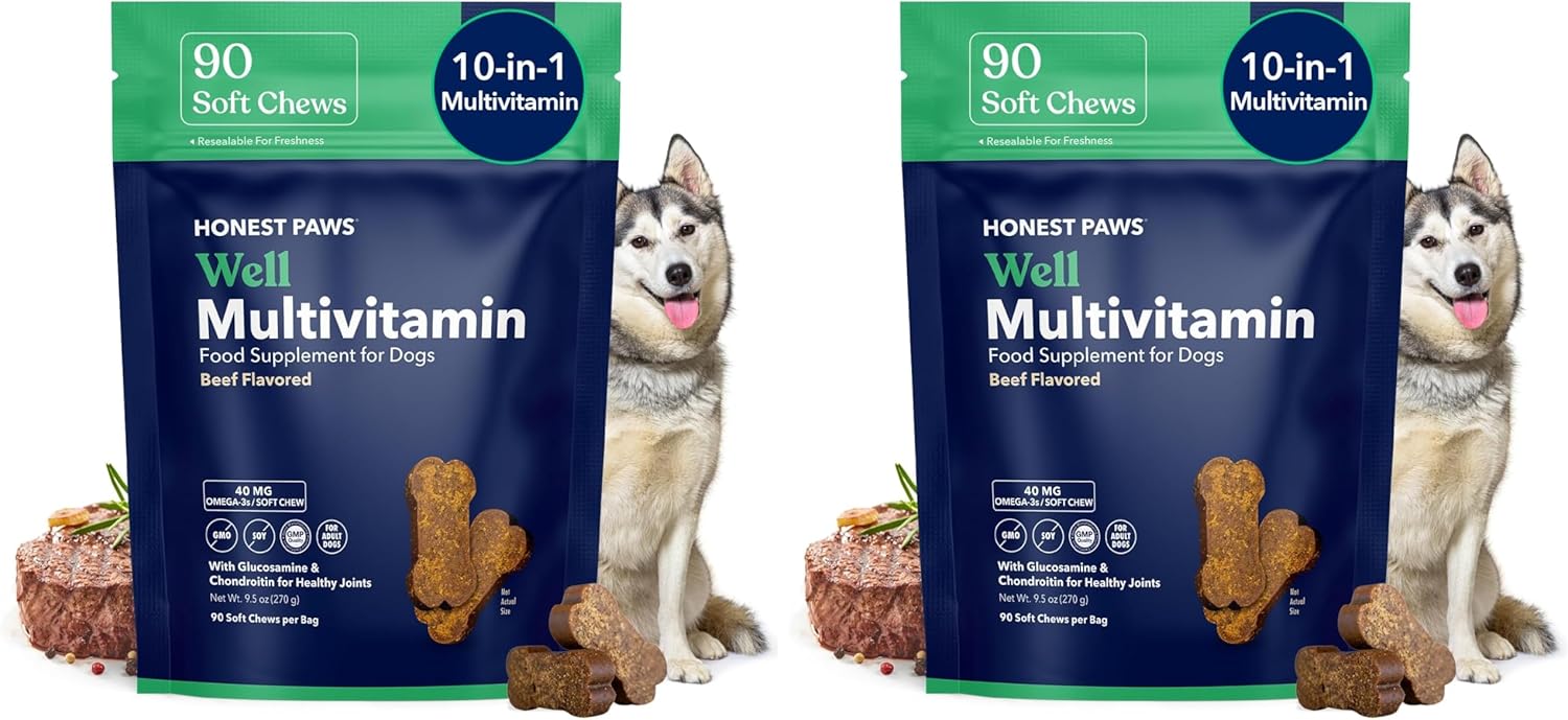 Honest Paws (90 Count) Dog Multivitamin Soft Chews with 10 Essential Vitamins - Joint, Coat, Immune, Eye & Heart Support - with Glucosamine, Chondroitin & Omega-3 - Beef Flavor (Pack of 2)