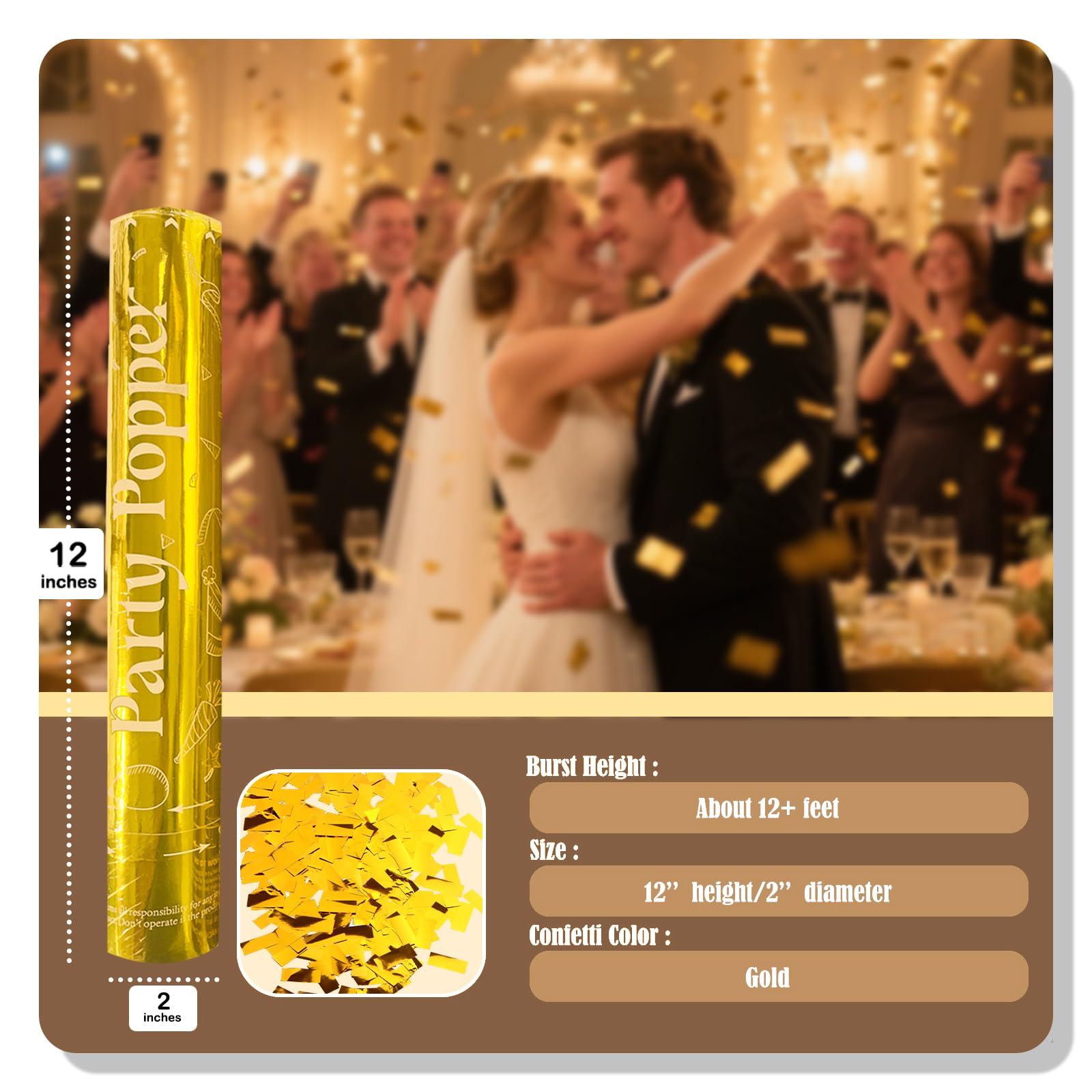 Konfettikanonen, goldfarben, 5er-Pack, 30,5 cm, Party-Popper für alle Feiern: Hochzeiten, Weihnachten, Jubiläen und mehr