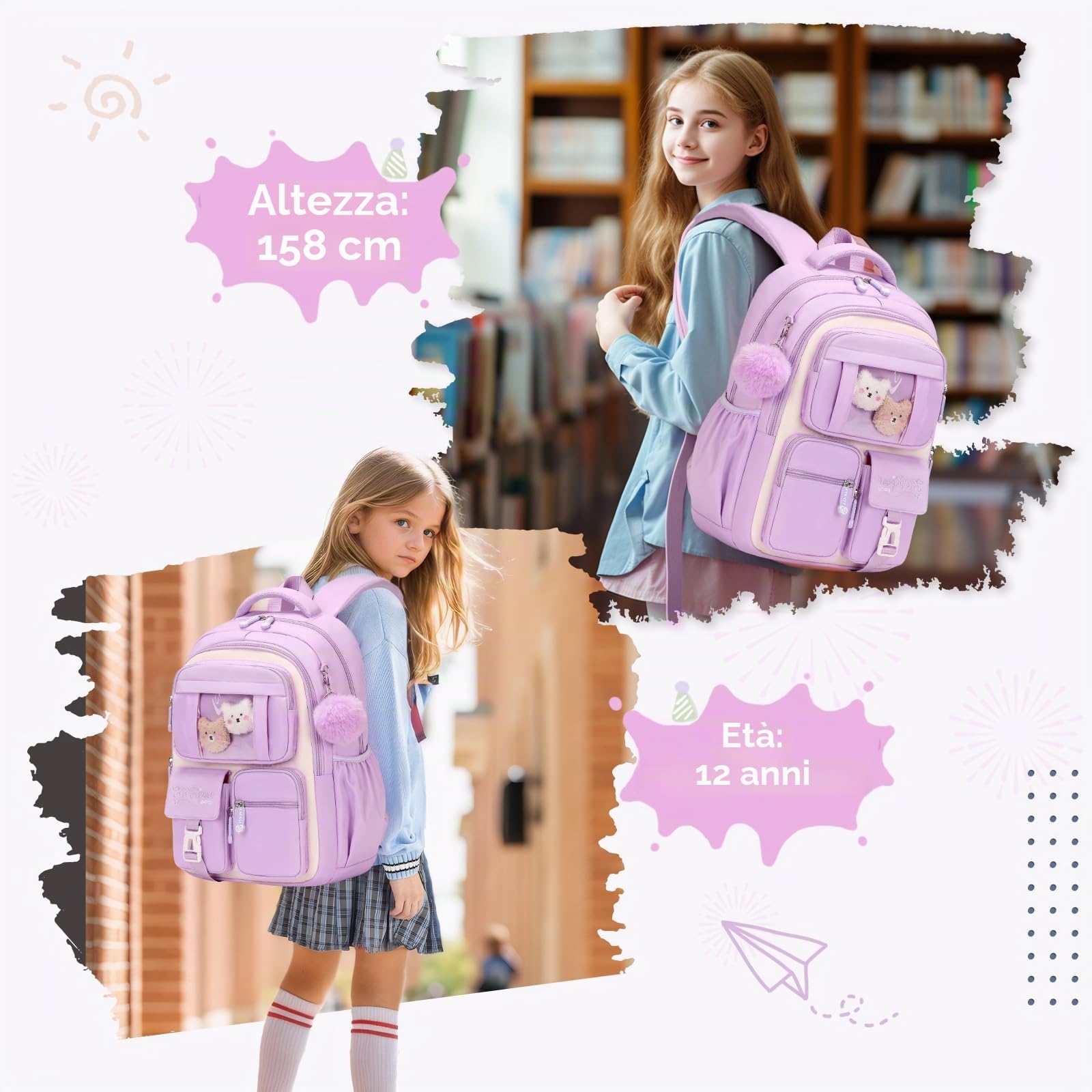Amythe Zaino Scuola Elementare Bambina Traspirante, 7-12 anni | Zaini per Bambini dalla Prima alla Quinta Elementari, Zaino Ragazza in Nylon Impermeabile con Ciondolo, Viola