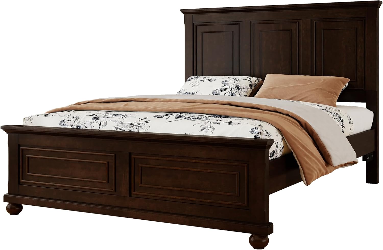 Mirightone Farmhouse Queen Bed Frame with Tall Headboard, Wood Platform Bed and Footboard & Charging Station, Mid-Centery Rustic Queen Panel Beds with Slats Support, No Box Spring Needed, Rustic Brwon