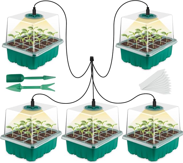 BTONGE Upgrade 5 Set Seed Trays with Grow Light for Plants, Propagator Trays with Heightened Lids, LED Full Spectrum Sunlike White Plant Lights, Germination Trays Seedling Starter Kit-USB Powered