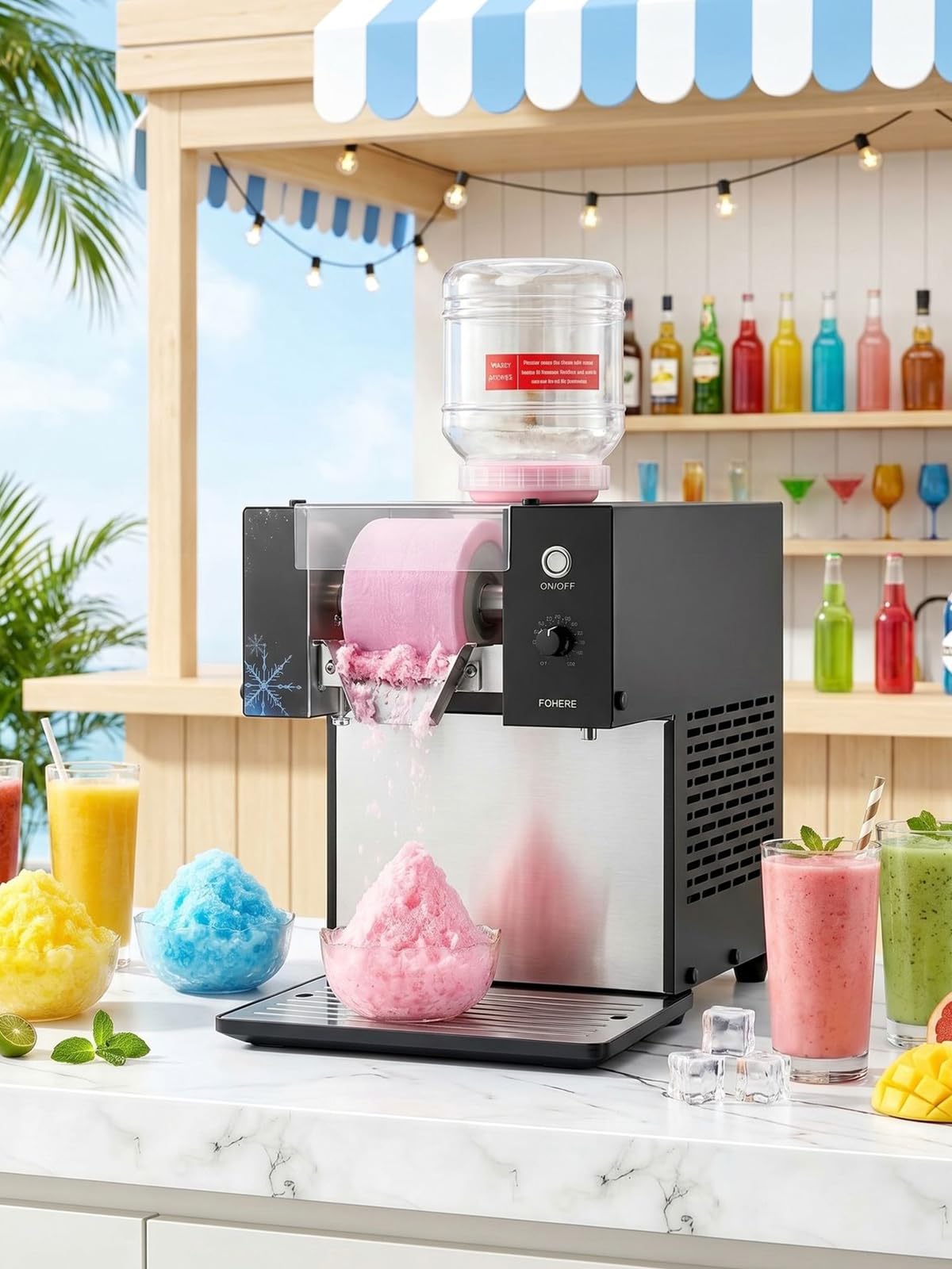 FOHERE Gewerbliche Schnee-Eismaschine 80kg/24h Edelstahl Bingsu Maschine mit Selbstreinigungsfunktion Kompressor Geschwindigkeitsregler