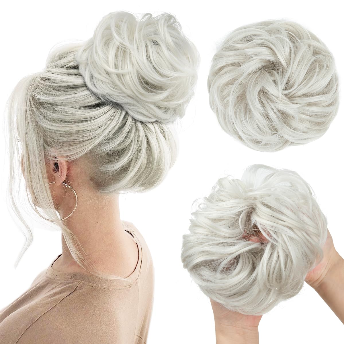 CJL HAIR Large Messy Bun Hair Piece Wavy Curly Scrunchies Synthetic Chignon Ponytail Hair Extensions Thick Updo Hairpieces for Women White