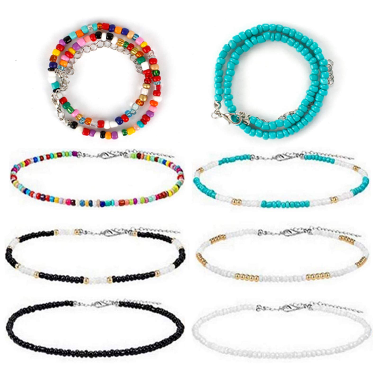 Jubaopen 8PCS Collar de Cuentas Gargantilla Collares Perlas Gargantilla Collar Bohemio Boho de Colores con Cadena de 34cm para Mujeres y Niñas con Cadena de Extensión 9 cm(8Tipos)