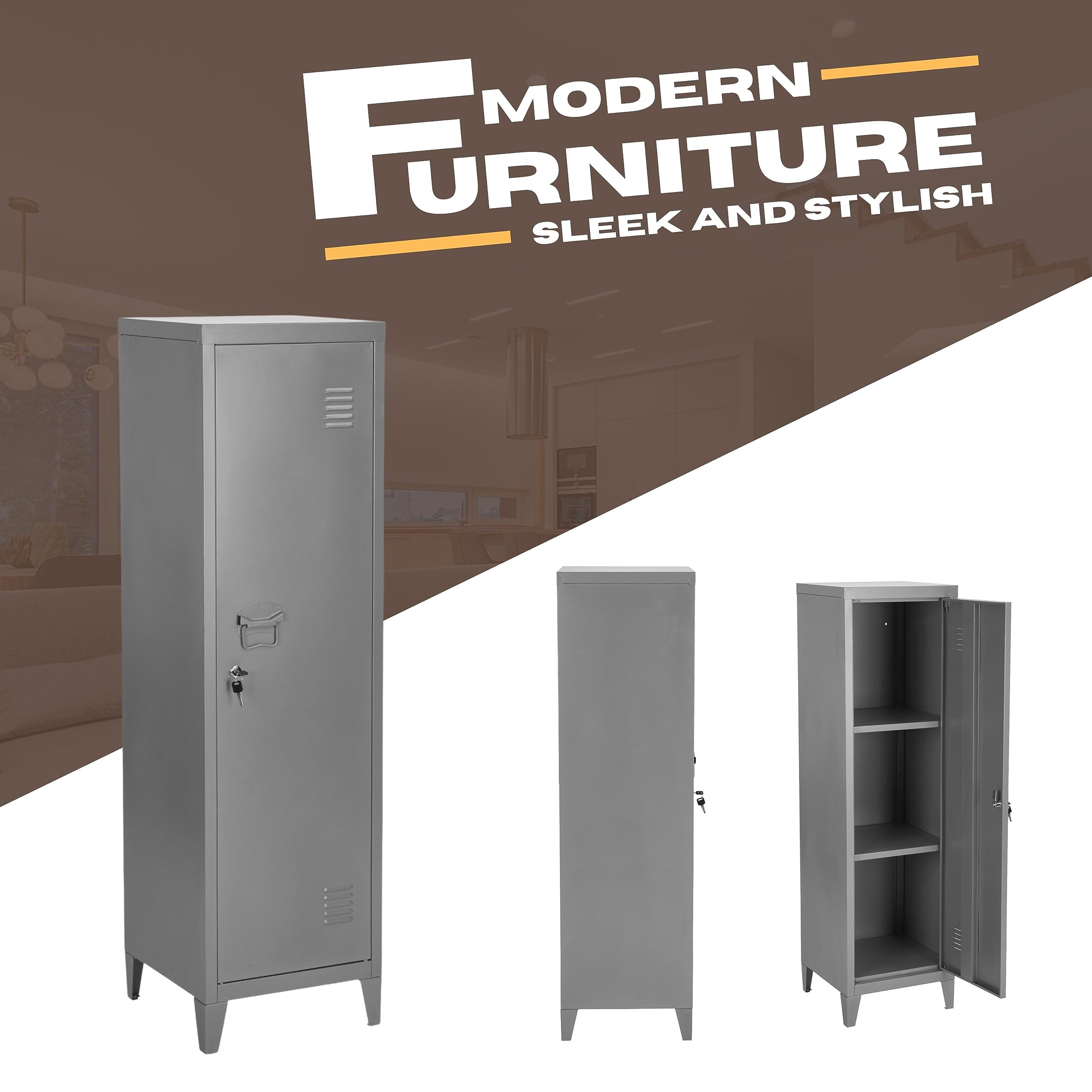 FurnitureR Aktenschrank im Industriestil mit Schlüssel, abschließbarer Schrank, Büromöbel, 38,2 x 38,2 x 137,3 cm, Grau