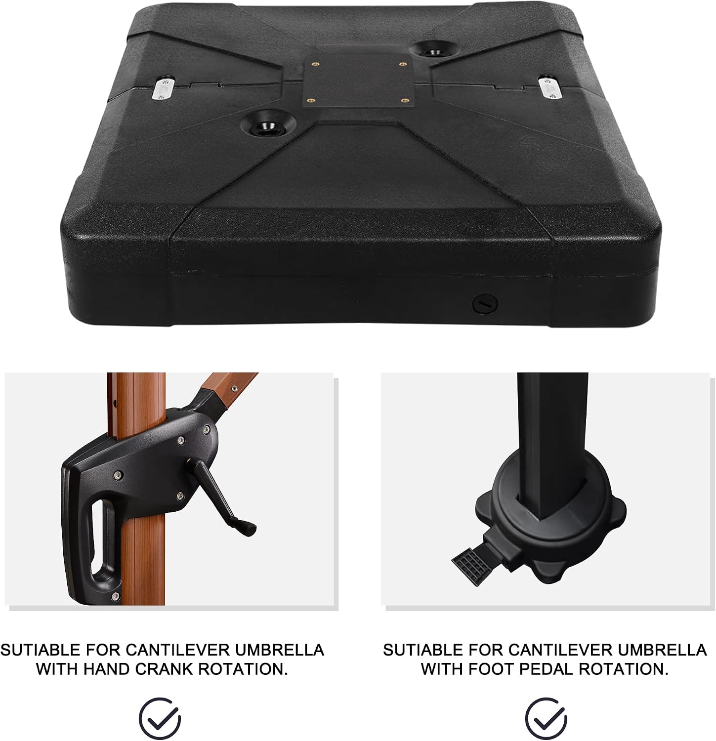 Close-up images showing compatibility with hand crank and foot pedal umbrella rotation mechanisms